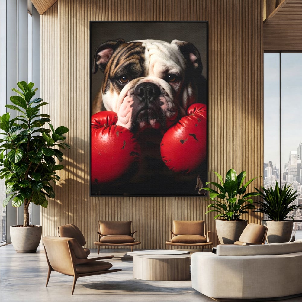 Tablou canvas cu tablou canvas cu bulldog in manusi de box, in rama de aluminiu negru, pe perete intr-un birou